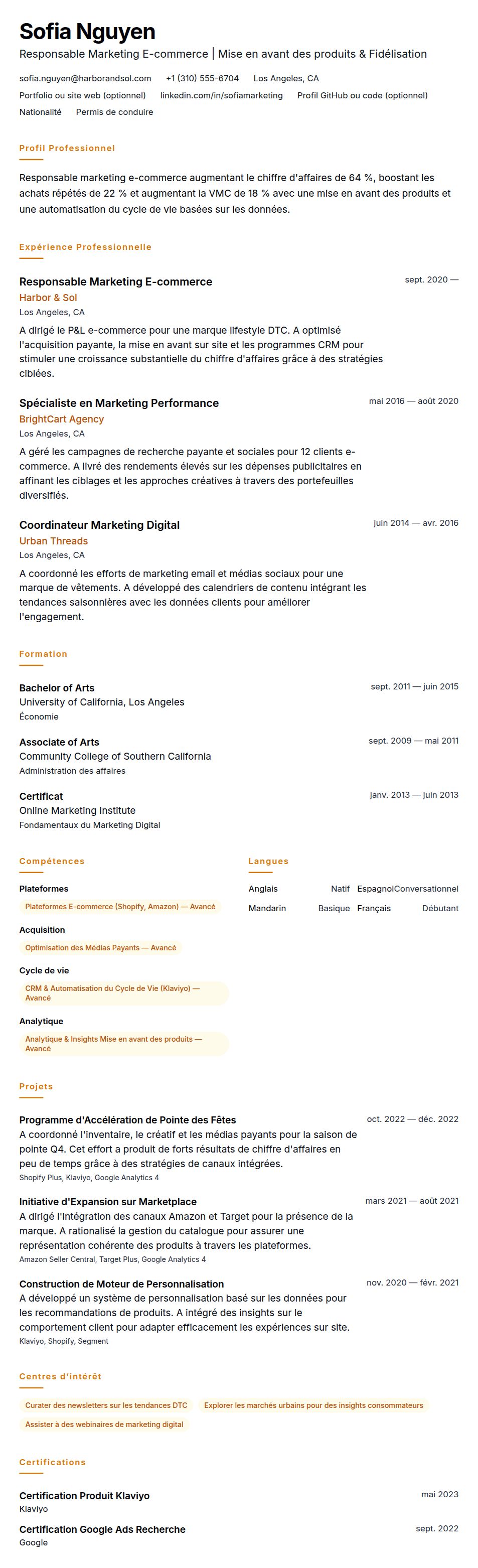 Aperçu du CV Exemple de CV de Responsable Marketing E-commerce