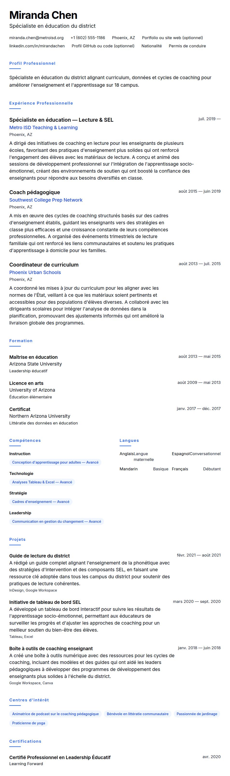 Aperçu du CV Exemple de CV de Spécialiste en Éducation