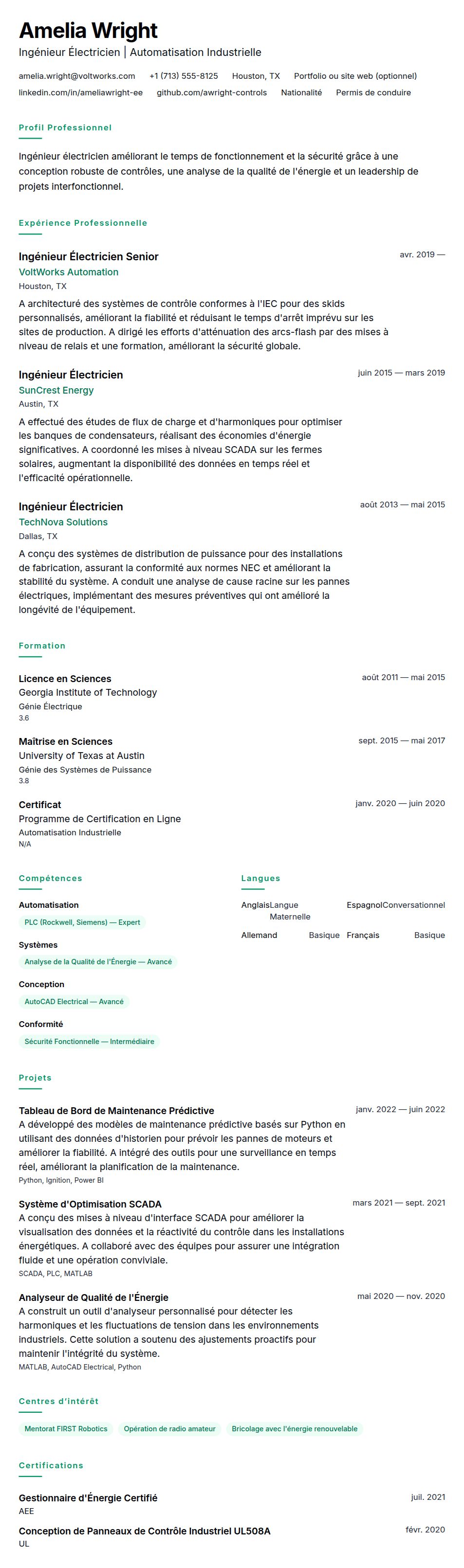 Aperçu du CV Exemple de CV d'Ingénieur Électricien