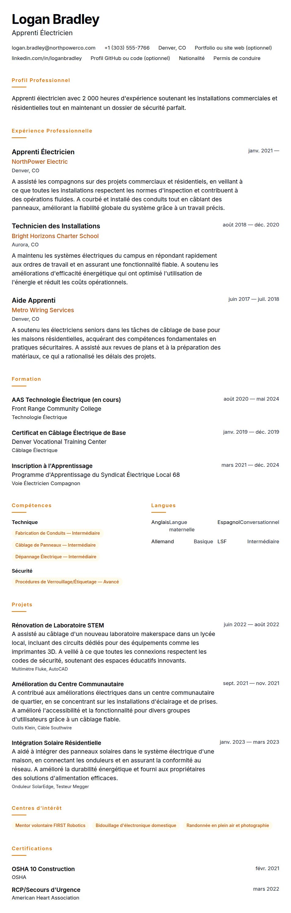 Aperçu du CV Exemple de CV d'Apprenti Électricien