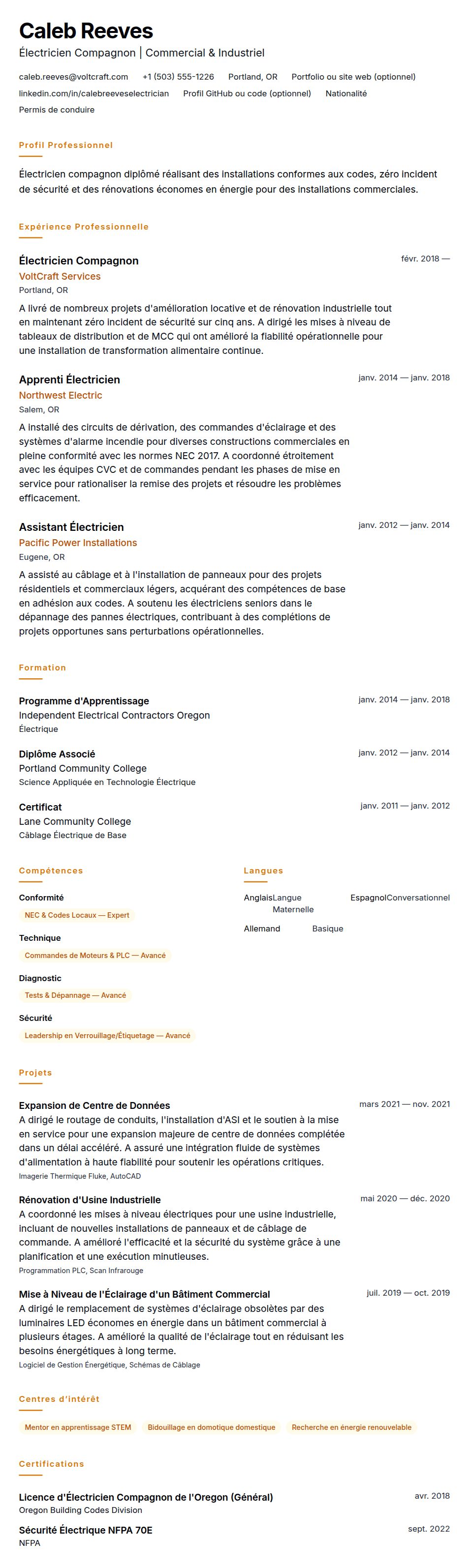 Exemple de CV d'Électricien