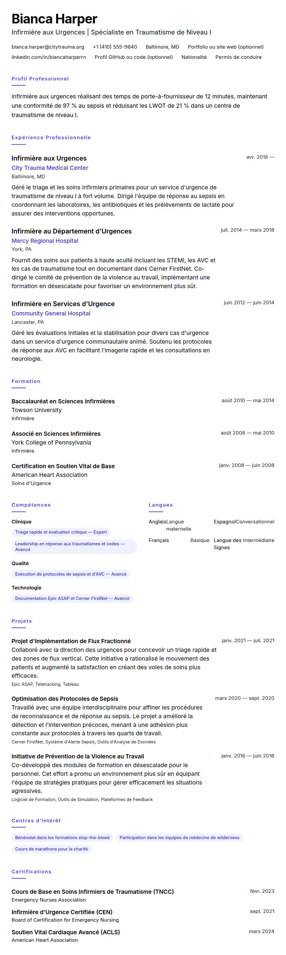 Aperçu du CV Exemple de CV d'Infirmière aux Urgences (ER)
