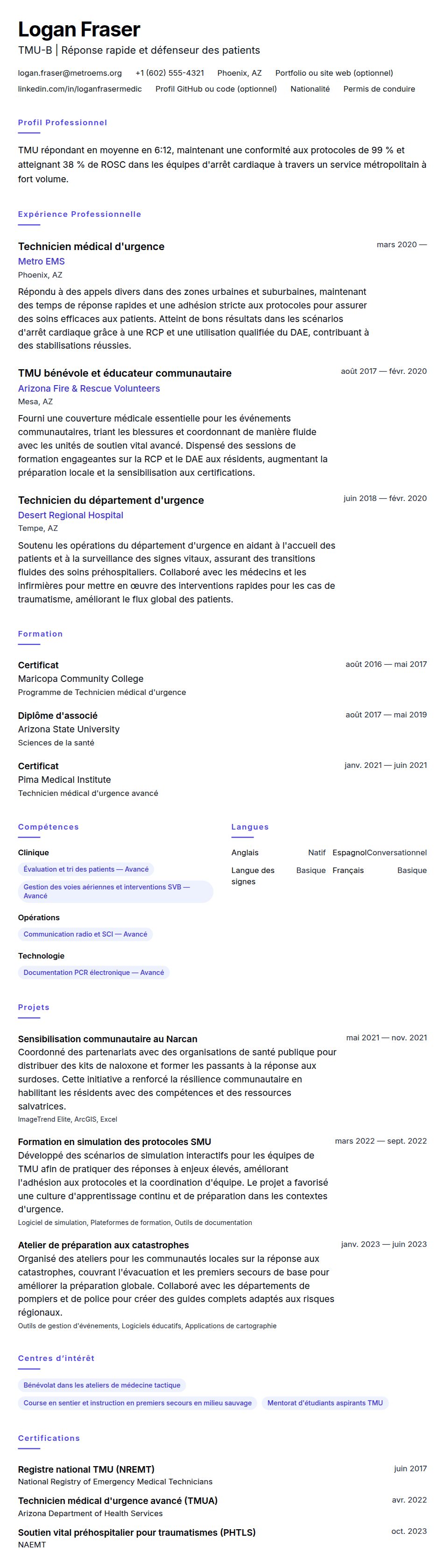 Aperçu du CV Exemple de CV de Technicien médical d'urgence (TMU)