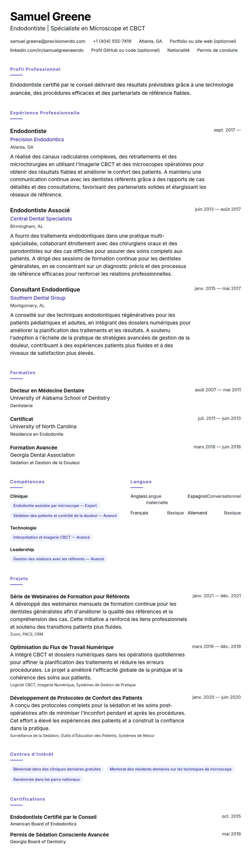 Aperçu du CV Exemple de CV d'Endodontiste