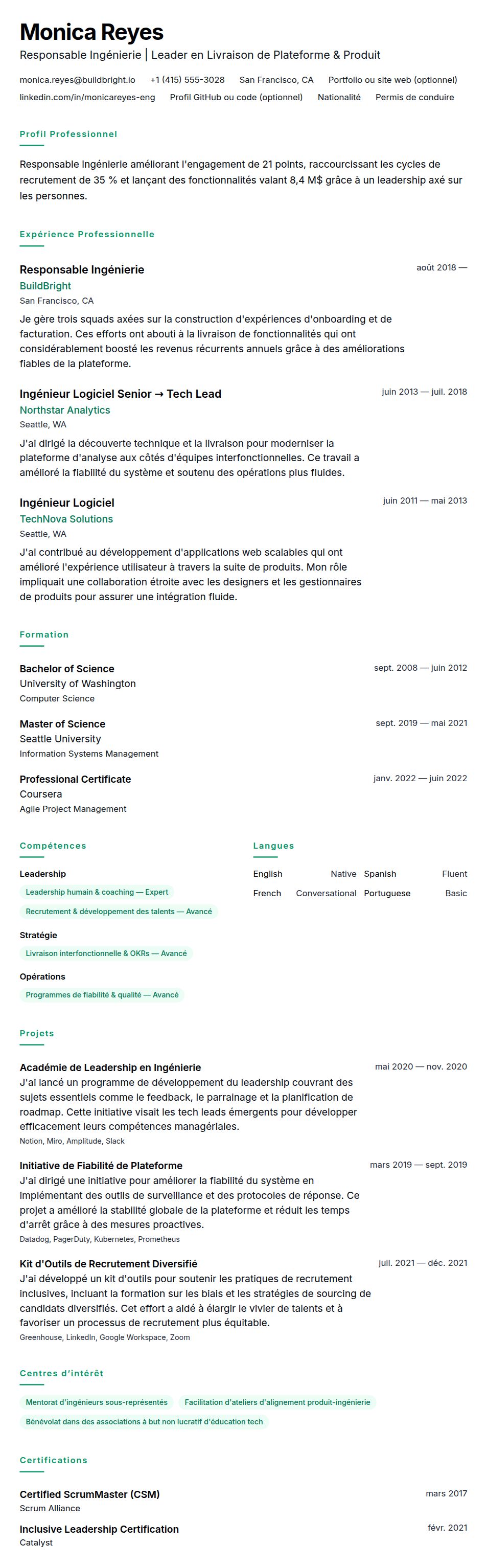Aperçu du CV Exemple de CV pour Responsable Ingénierie