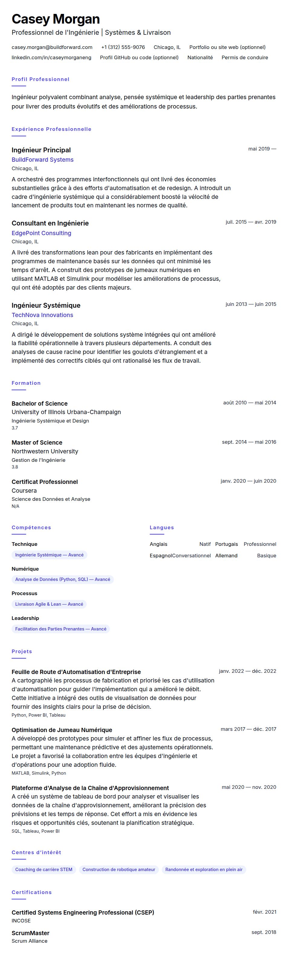 Aperçu du CV Exemple de CV en Ingénierie