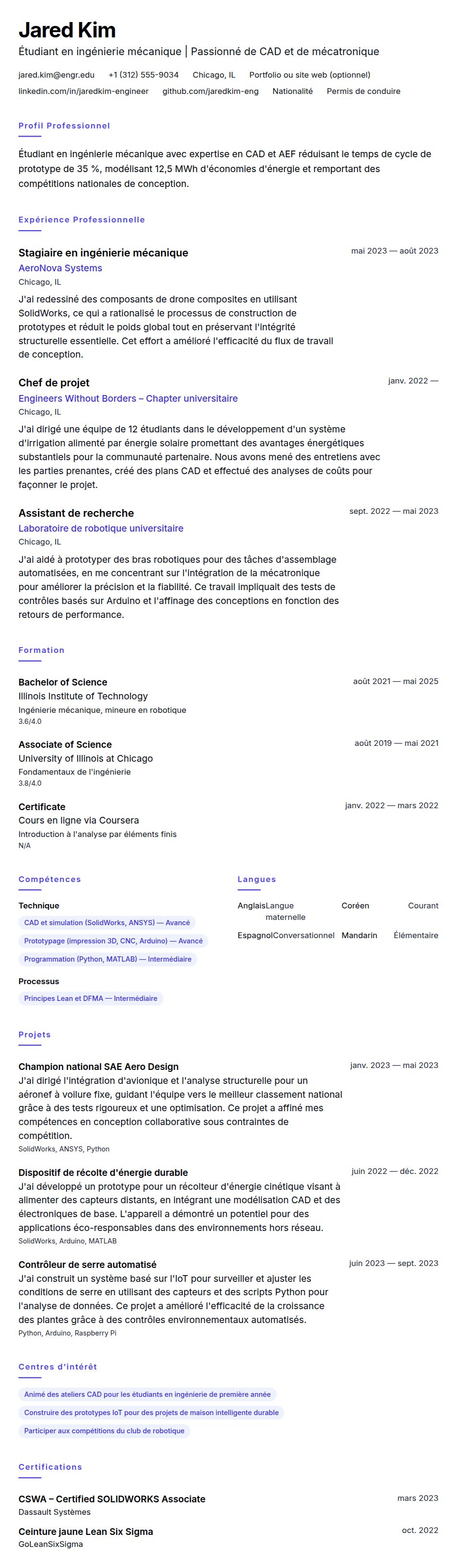 Exemple de CV pour étudiant en ingénierie