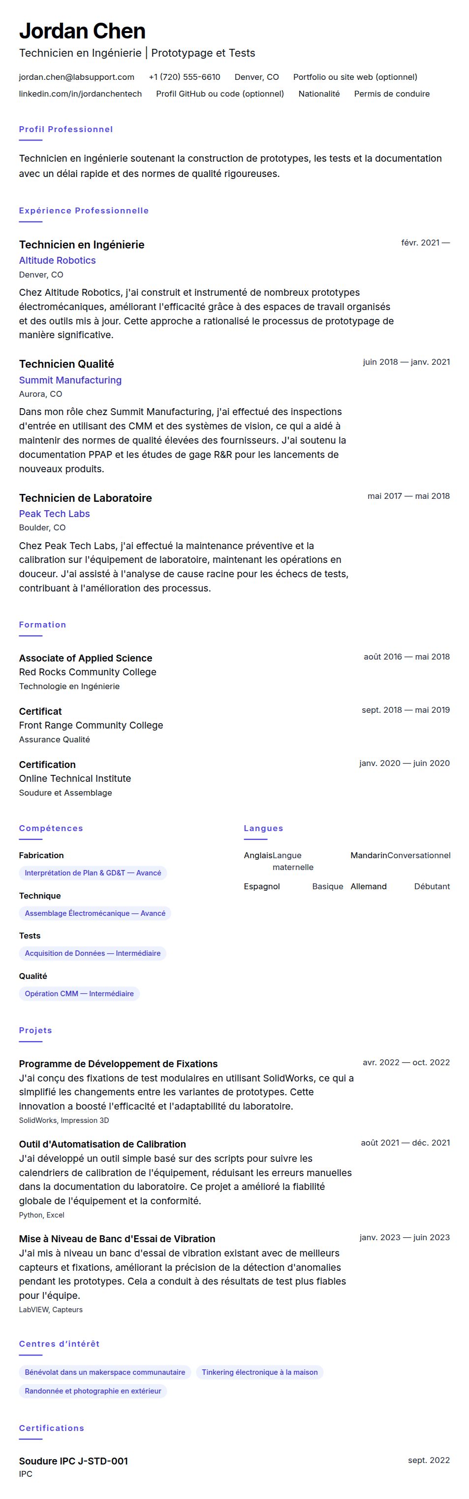 Exemple de CV de Technicien