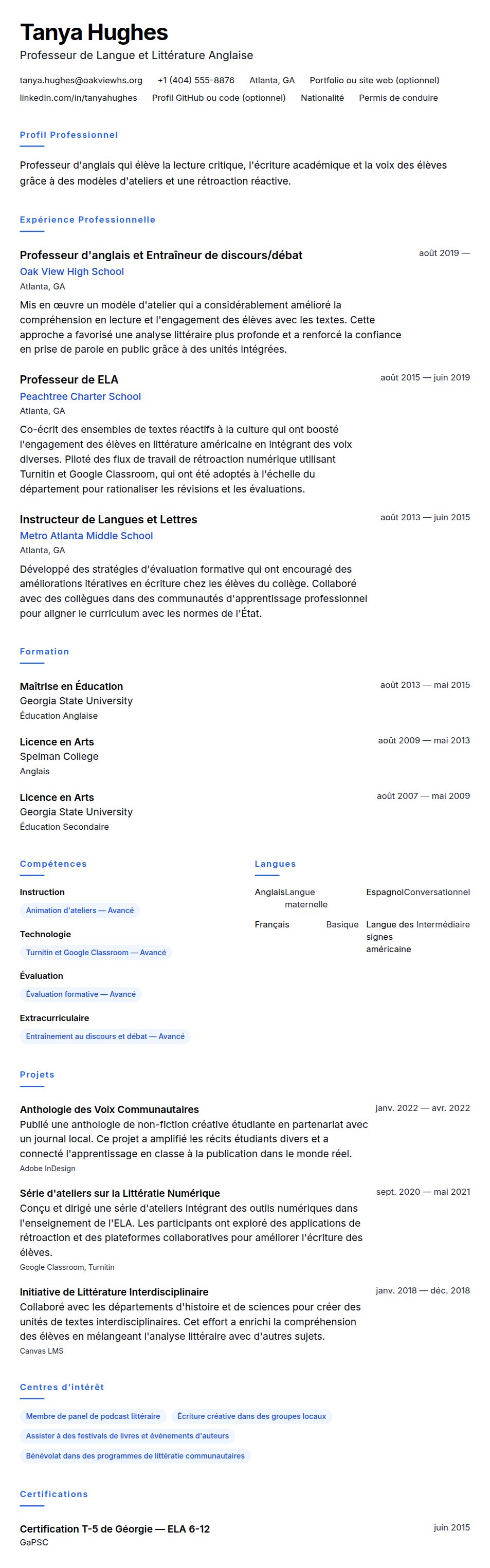 Aperçu du CV Exemple de CV de Professeur d'anglais