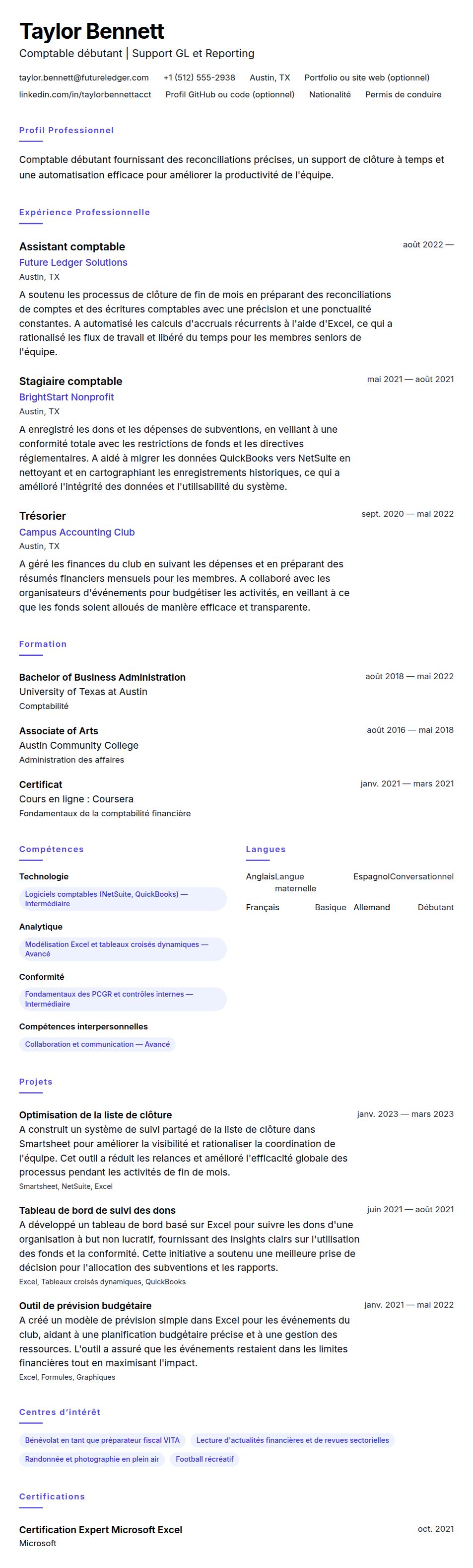Exemple de CV pour comptable débutant