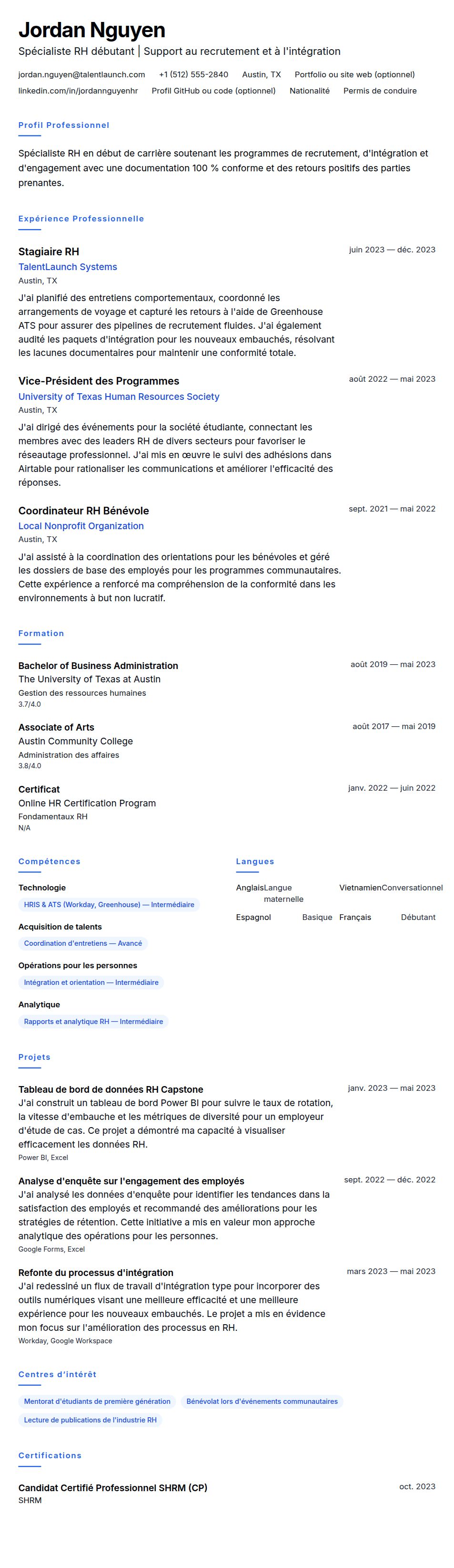 Aperçu du CV Exemple de CV pour Spécialiste RH débutant