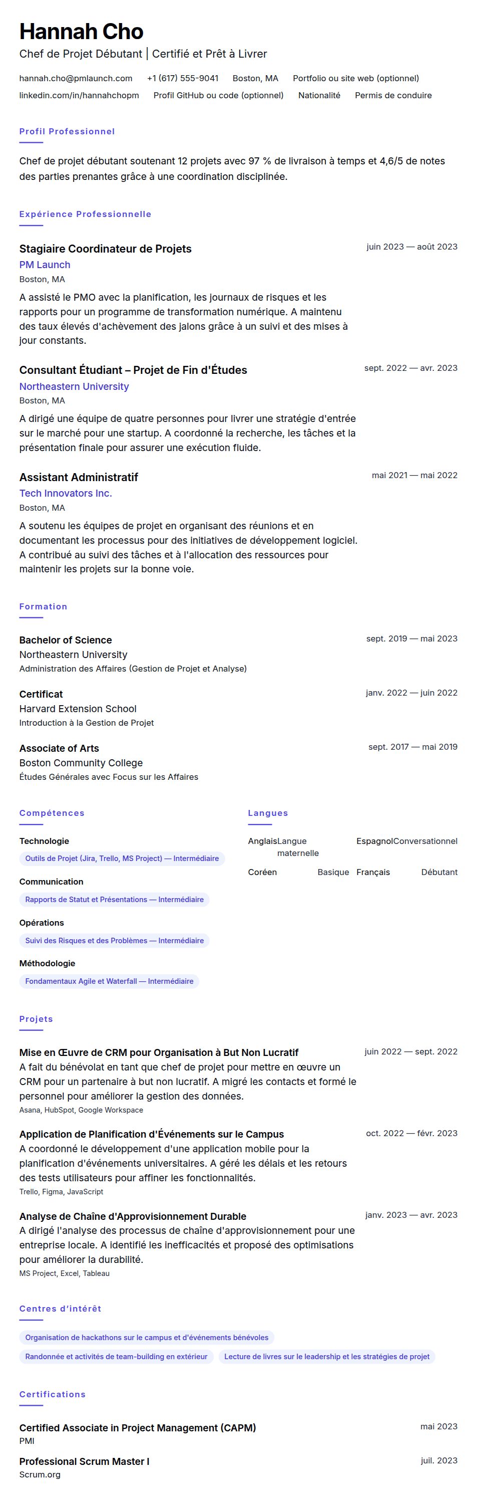 Aperçu du CV Exemple de CV pour Chef de Projet Débutant