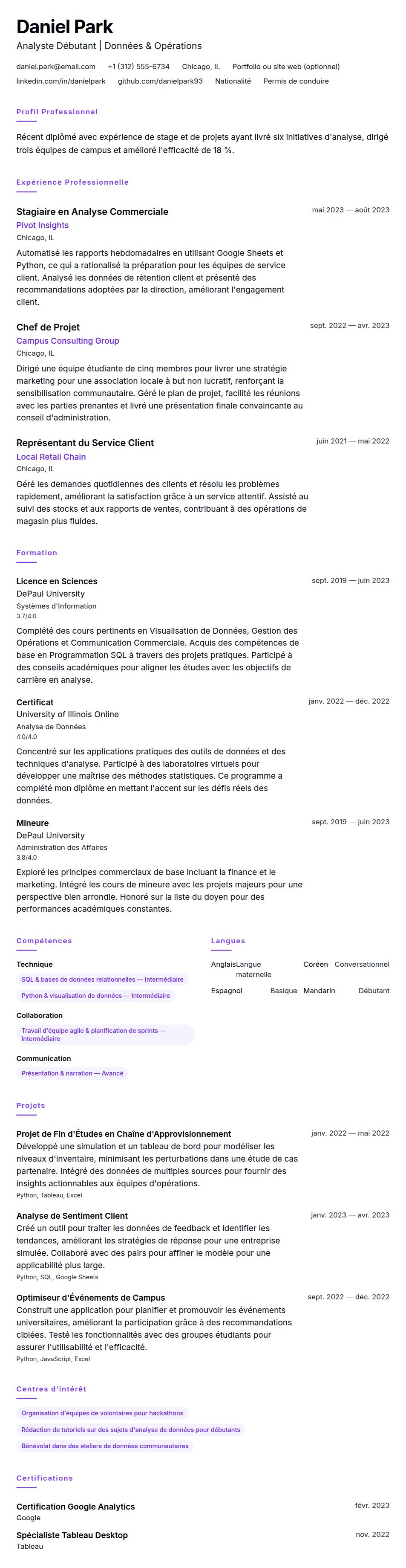 Aperçu du CV Exemple de CV Débutant