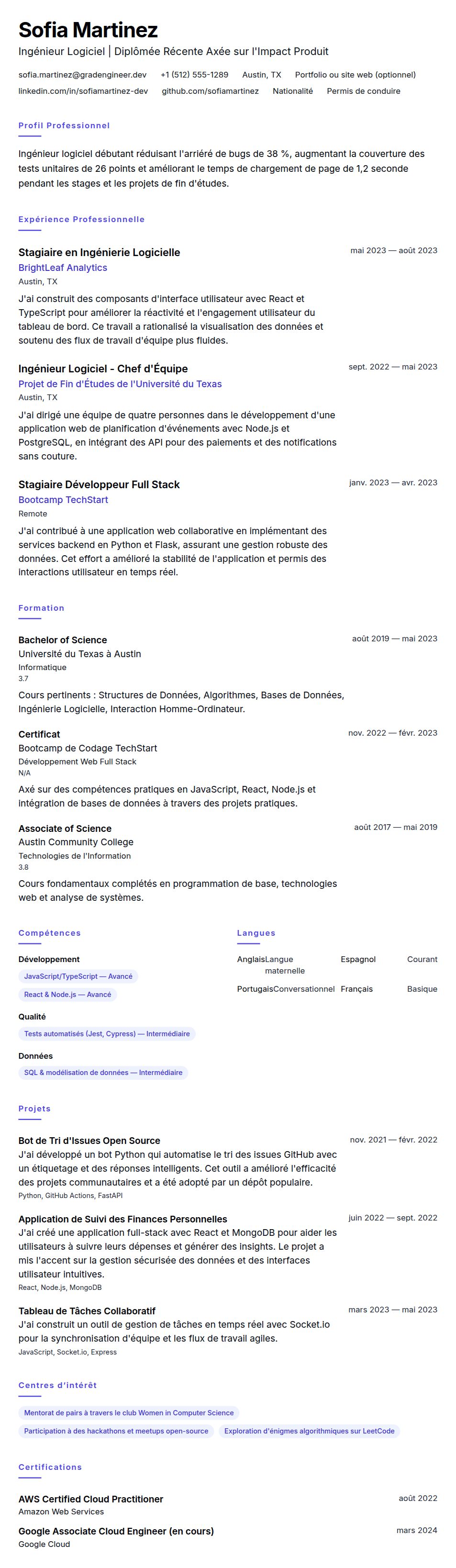 Aperçu du CV Exemple de CV pour Ingénieur Logiciel Débutant