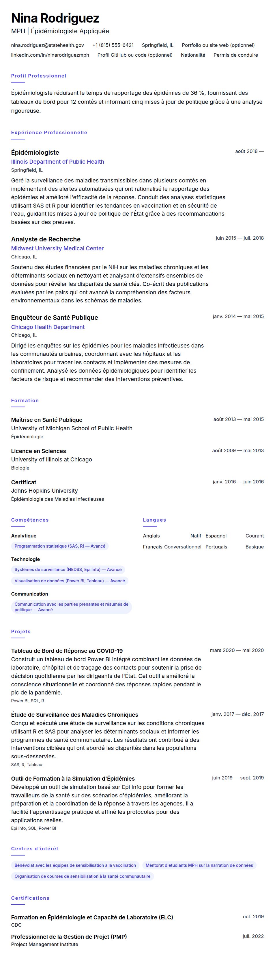 Aperçu du CV Exemple de CV d'Épidémiologiste