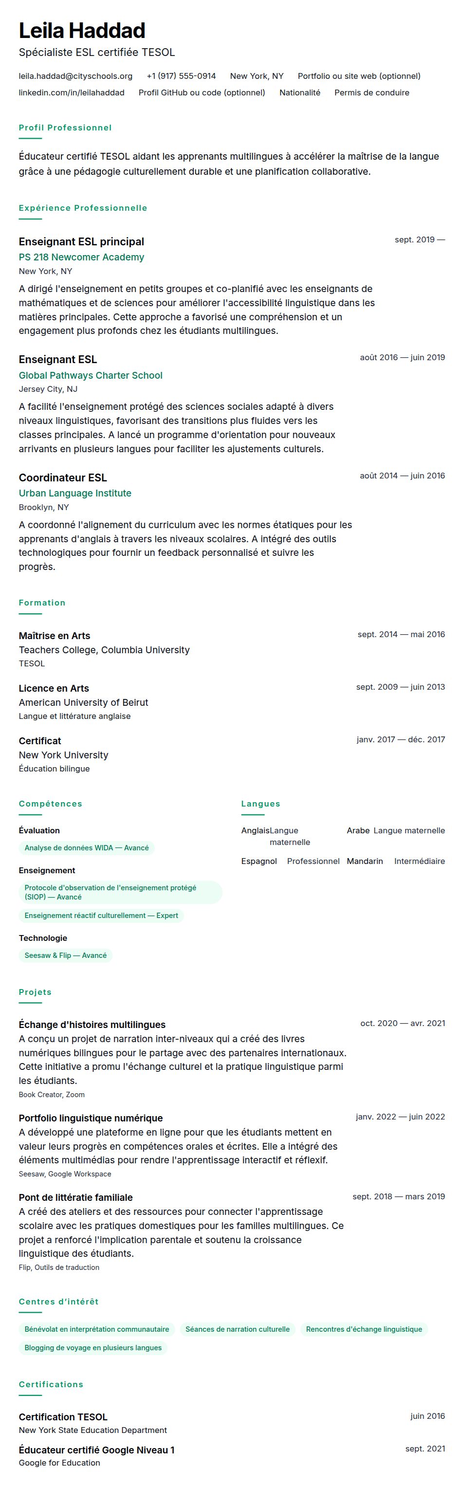 Aperçu du CV Exemple de CV d'Enseignant d'ESL