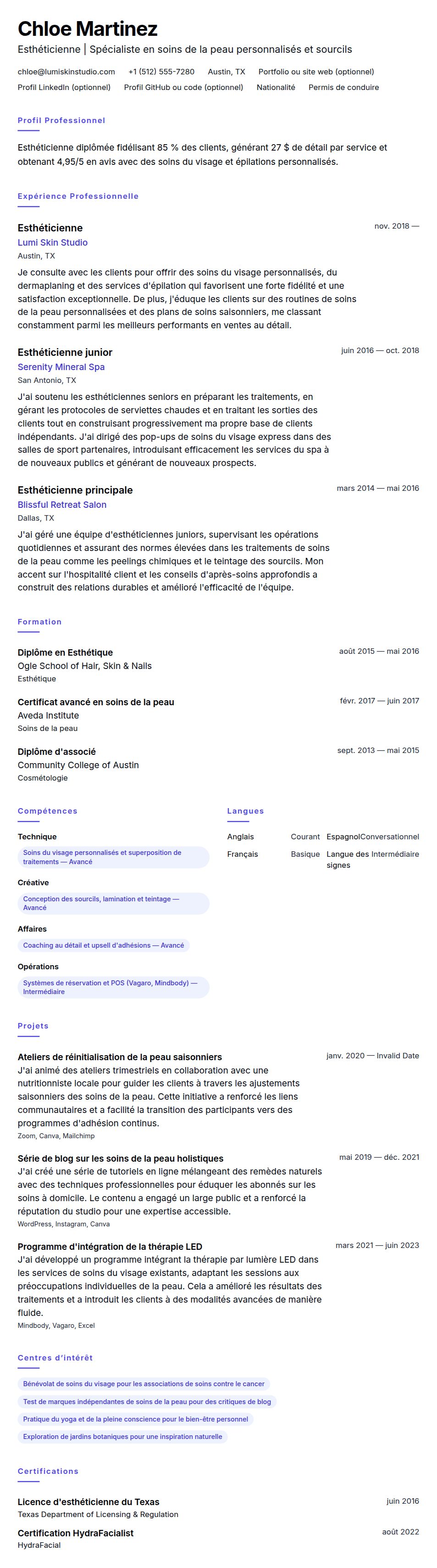 Exemple de CV d'Esthéticienne