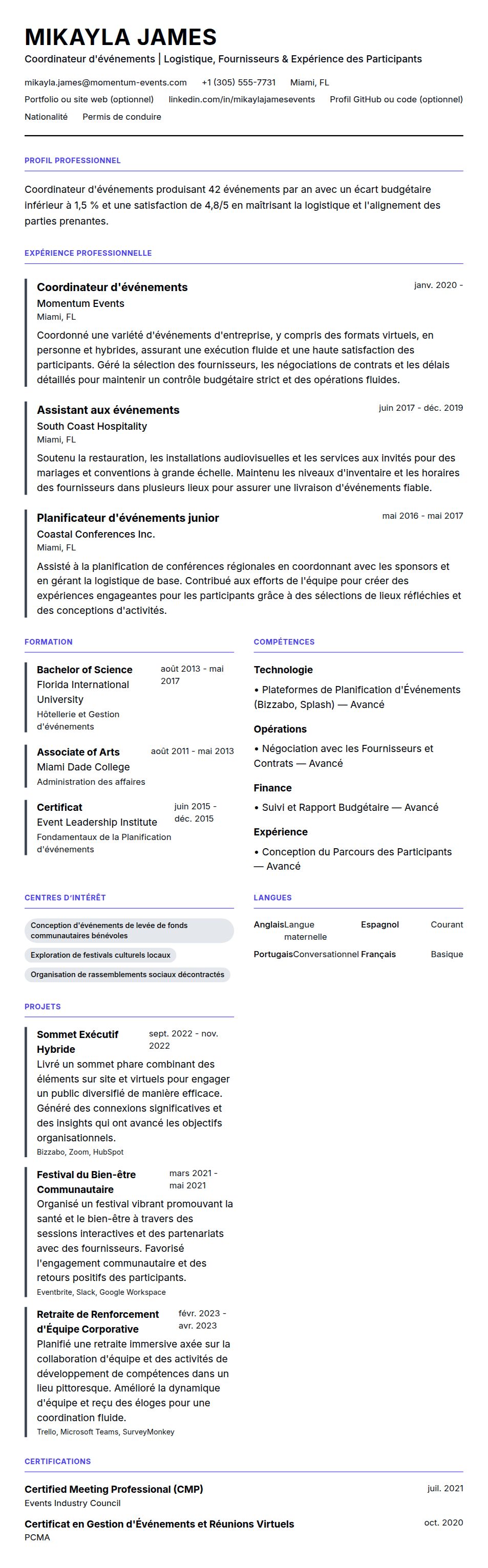 Aperçu du CV Exemple de CV de Coordinateur d'événements