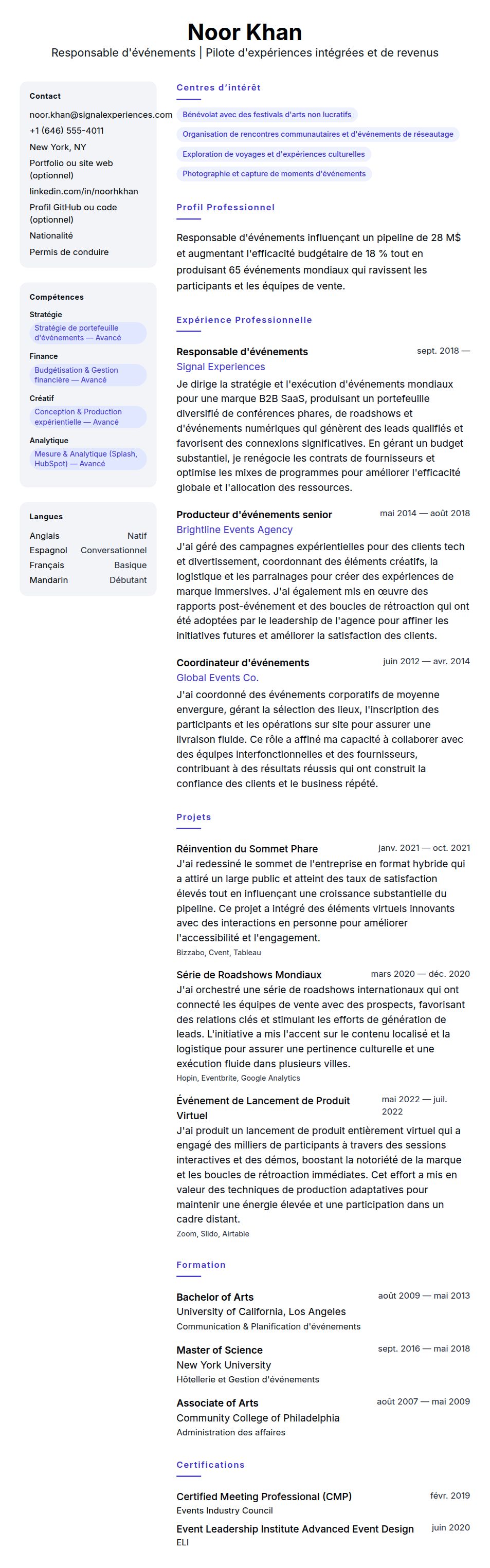 Exemple de CV de Responsable d'événements
