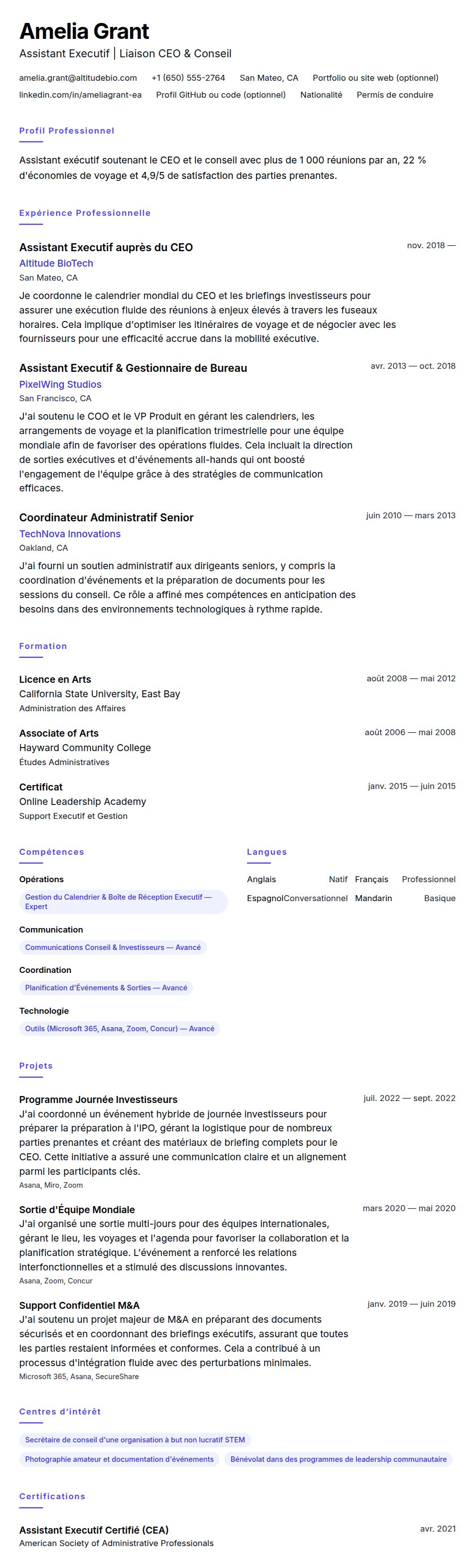 Exemple de CV pour Assistant Executif