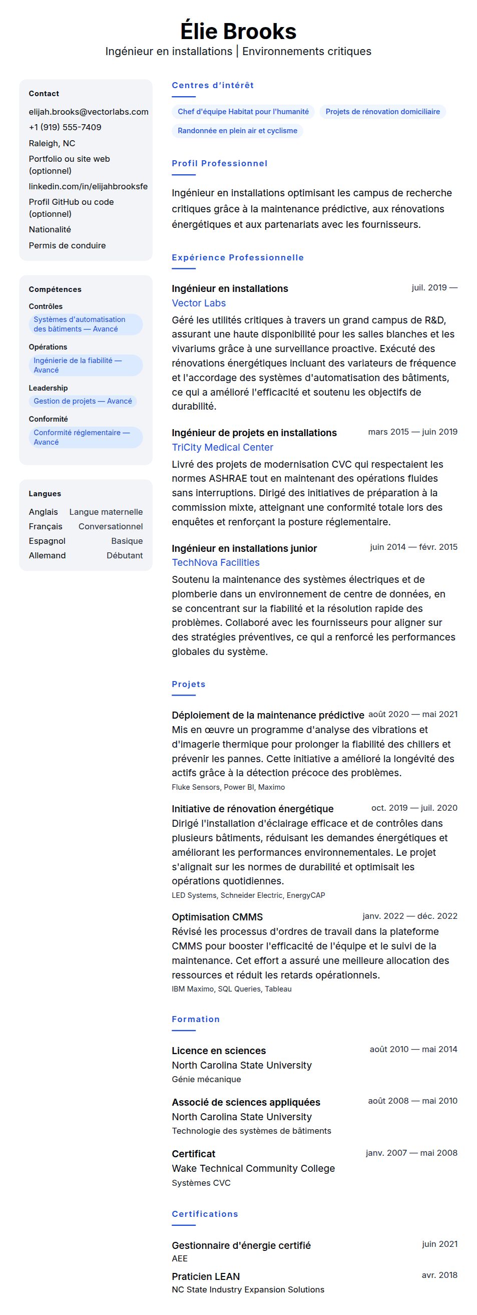 Aperçu du CV Exemple de CV d'Ingénieur en installations