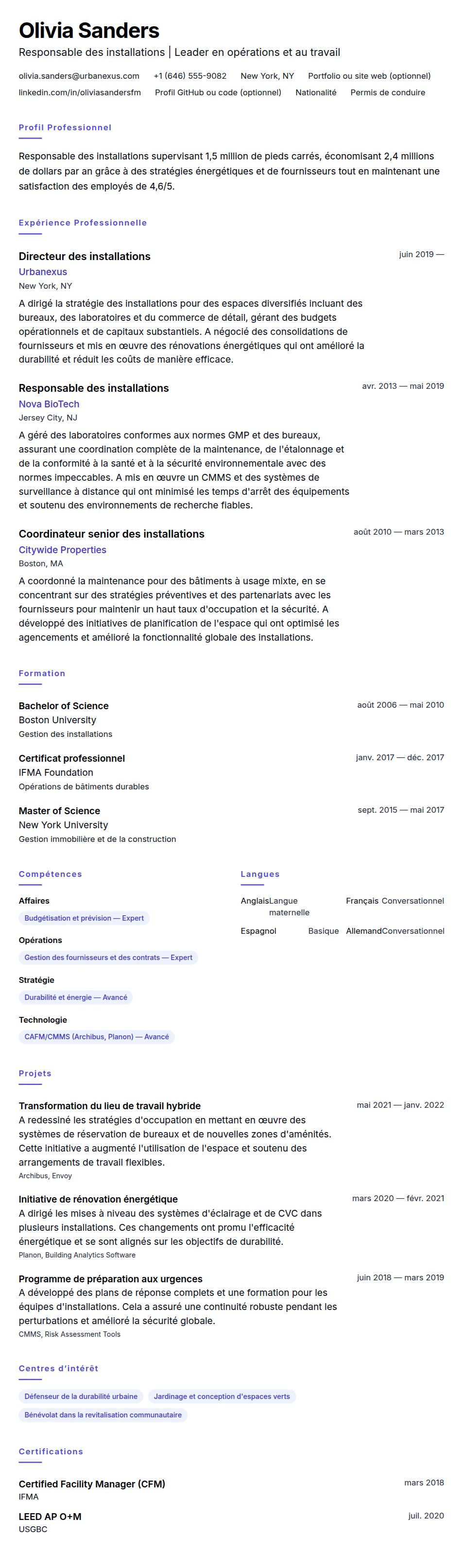 Exemple de CV de Responsable des installations
