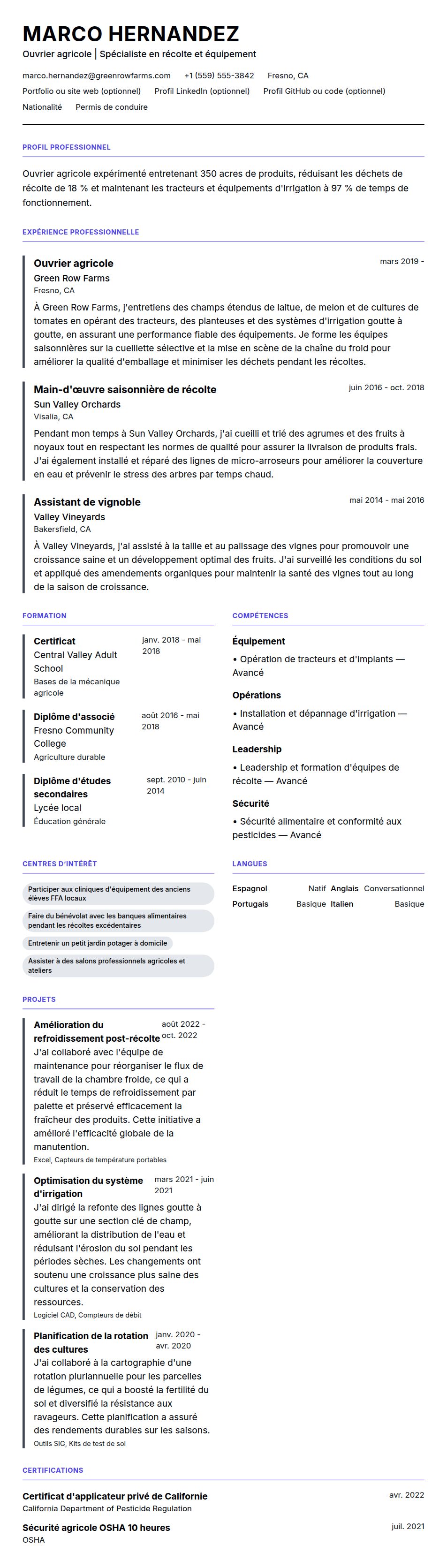 Aperçu du CV Exemple de CV d'ouvrier agricole