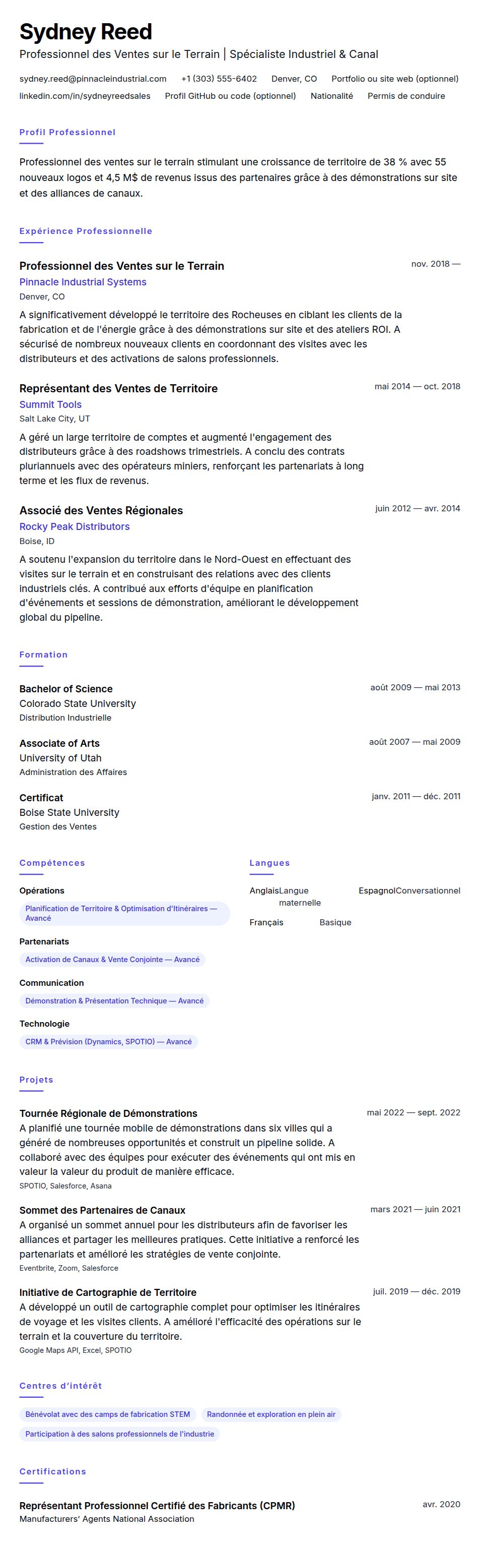 Aperçu du CV Exemple de CV de Professionnel des Ventes sur le Terrain