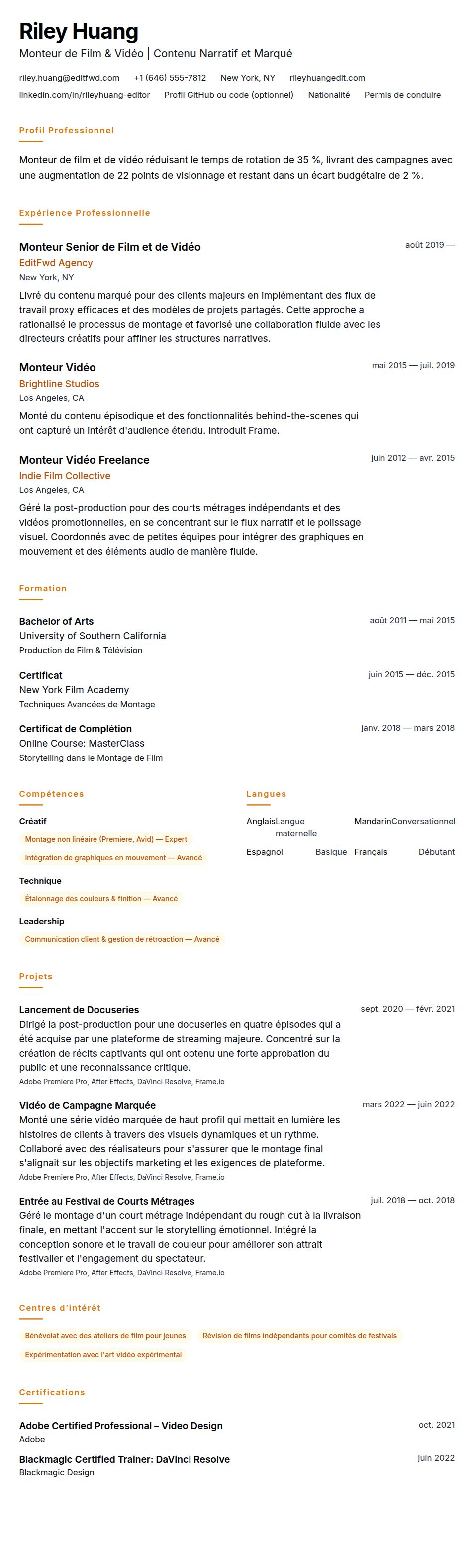 Aperçu du CV Exemple de CV de Monteur de Film et de Vidéo