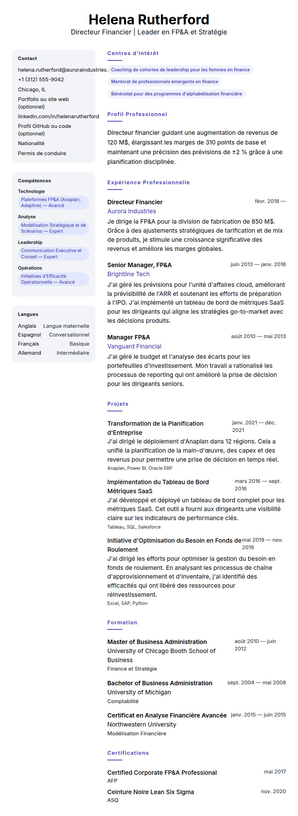 Aperçu du CV Exemple de CV de Directeur Financier