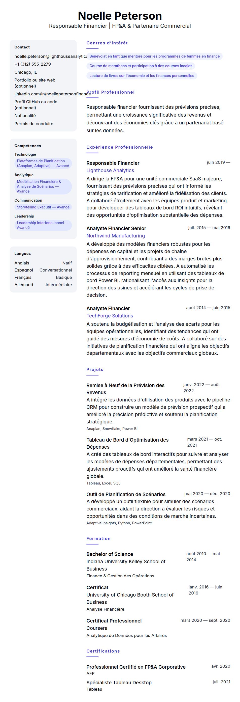 Aperçu du CV Exemple de CV pour Responsable Financier