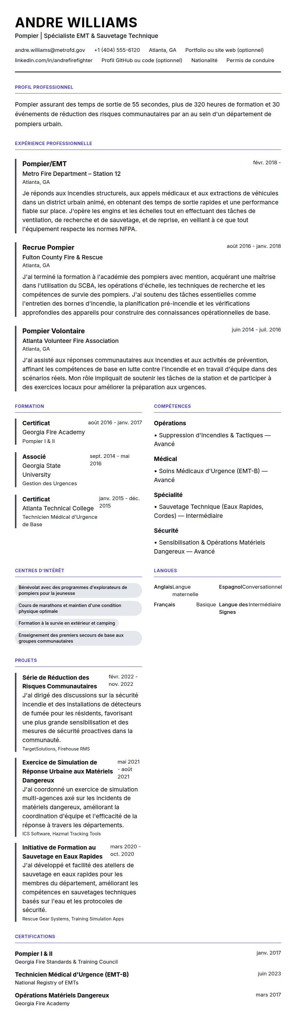 Aperçu du CV Exemple de CV de Pompier
