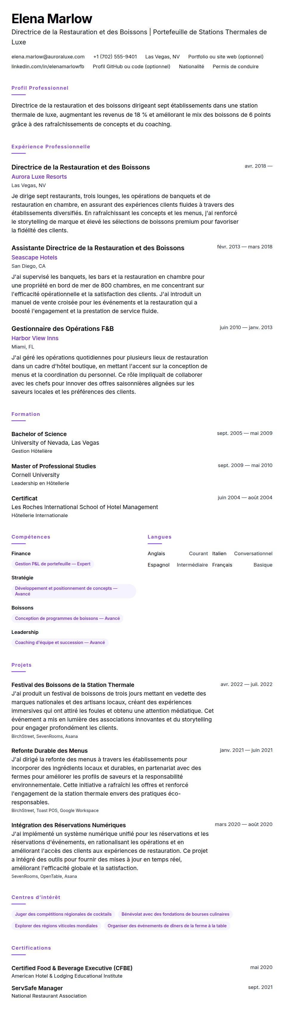 Aperçu du CV Exemple de CV de Directeur de la Restauration et des Boissons