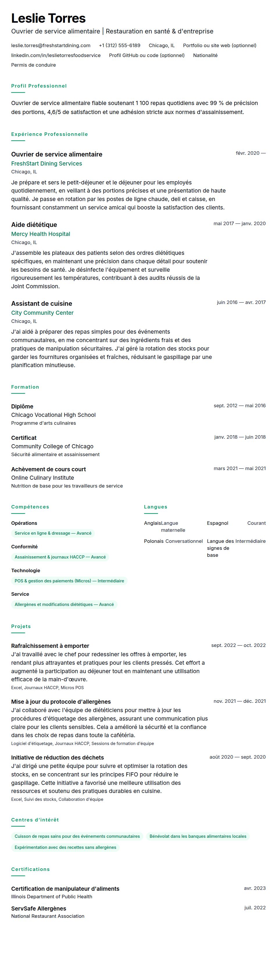 Aperçu du CV Exemple de CV d'Ouvrier de service alimentaire