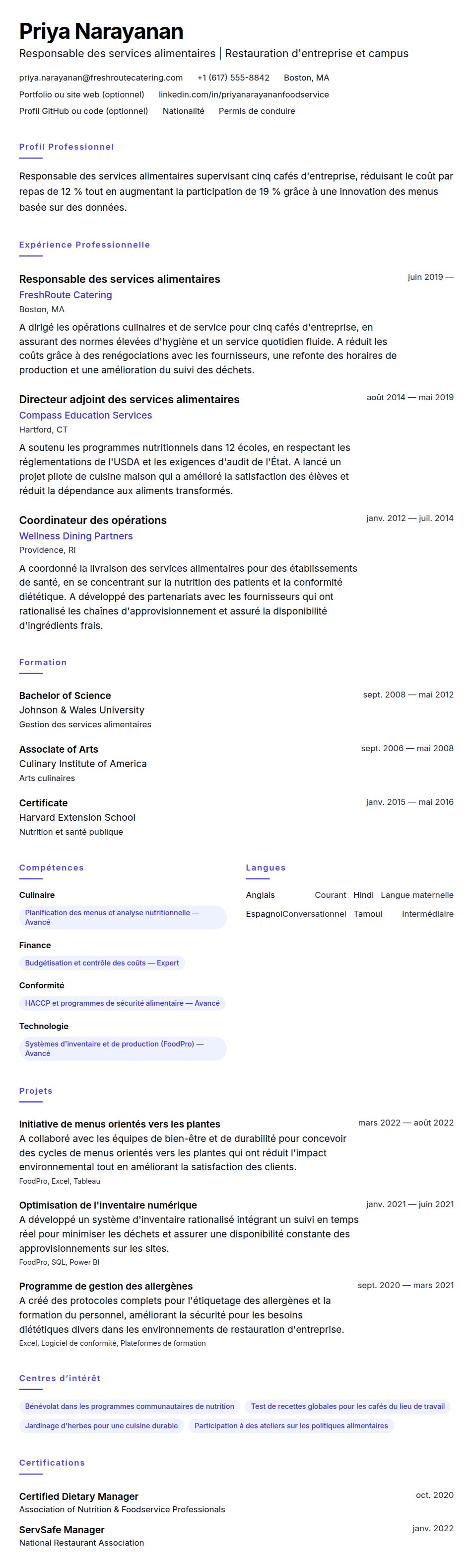 Aperçu du CV Exemple de CV pour Responsable des services alimentaires