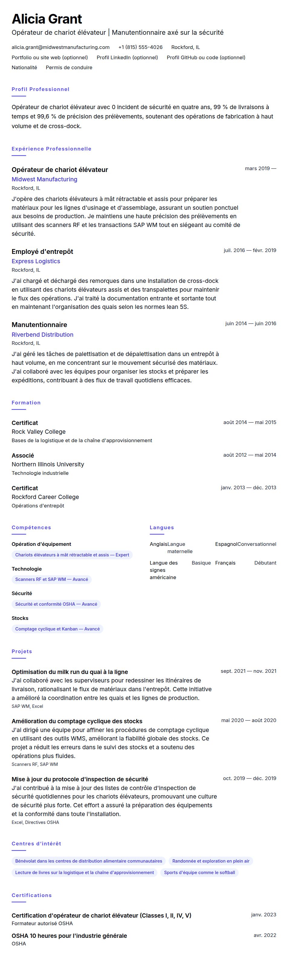 Aperçu du CV Exemple de CV d'opérateur de chariot élévateur