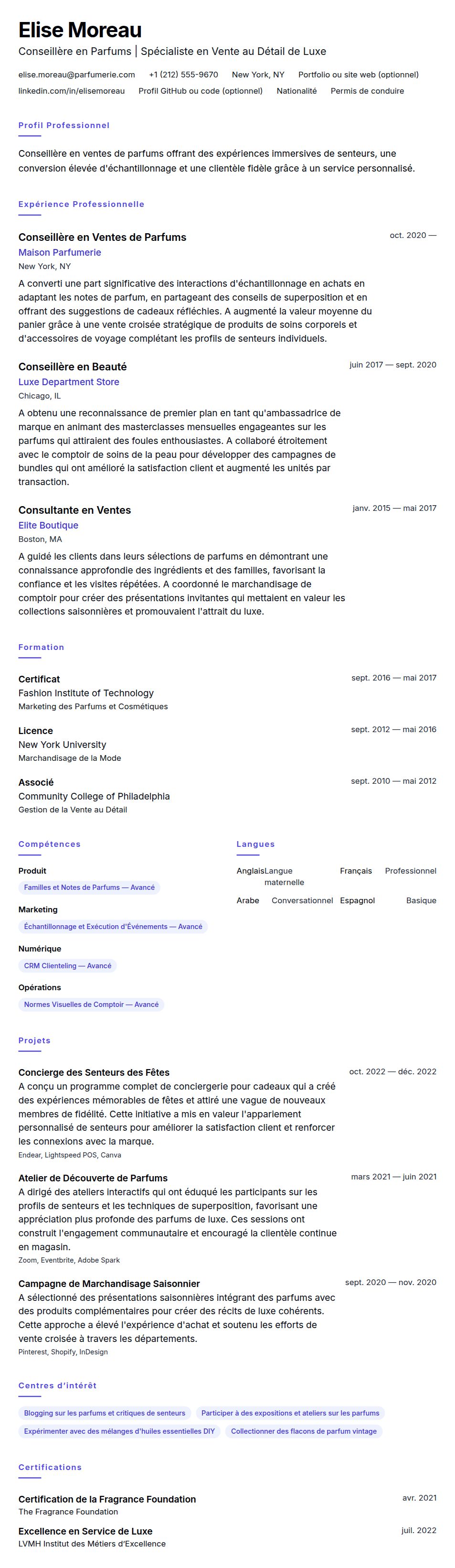 Aperçu du CV Exemple de CV de Conseiller en Ventes de Parfums