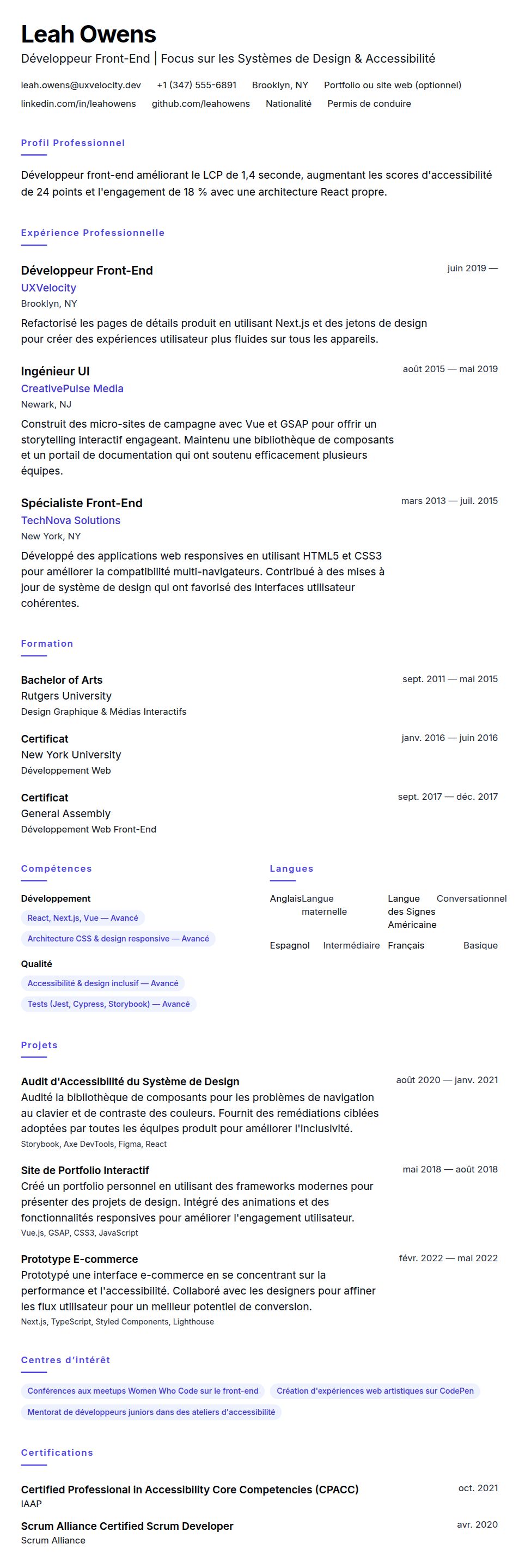 Aperçu du CV Exemple de CV de Développeur Front-End