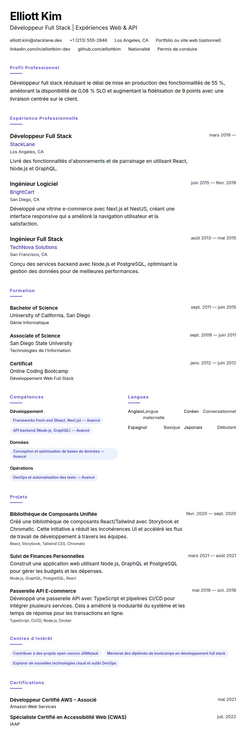 Aperçu du CV Exemple de CV de Développeur Full Stack