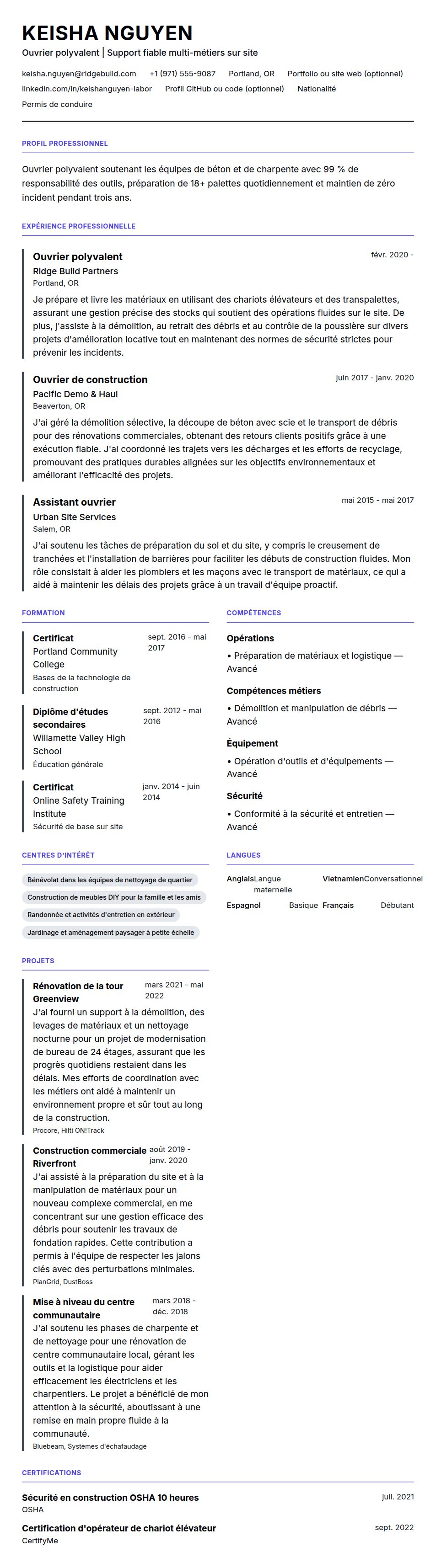 Exemple de CV d'ouvrier polyvalent