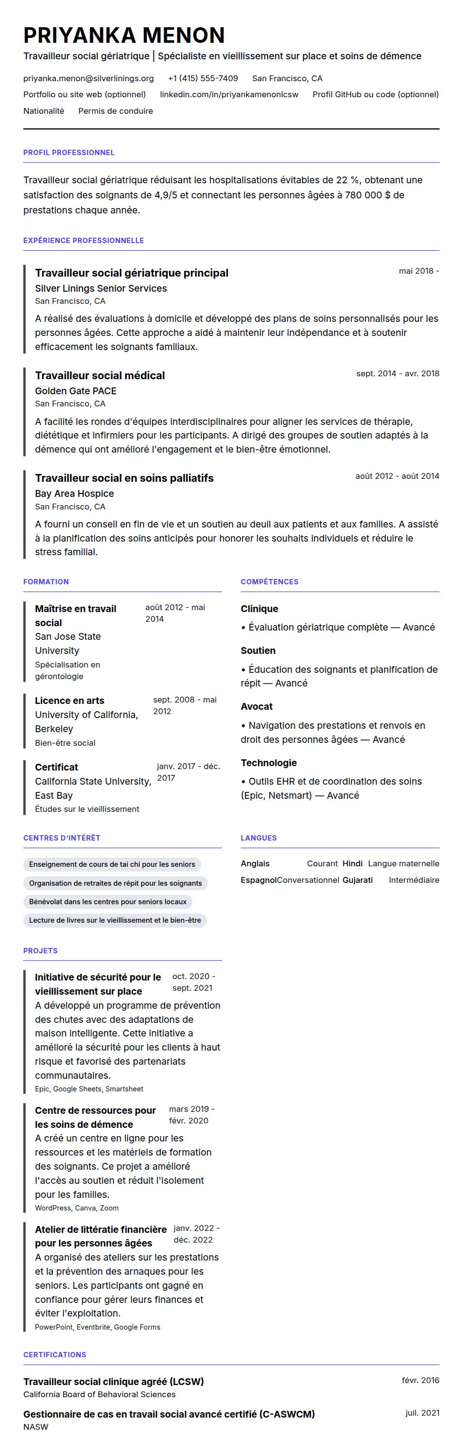 Aperçu du CV Exemple de CV de travailleur social gériatrique