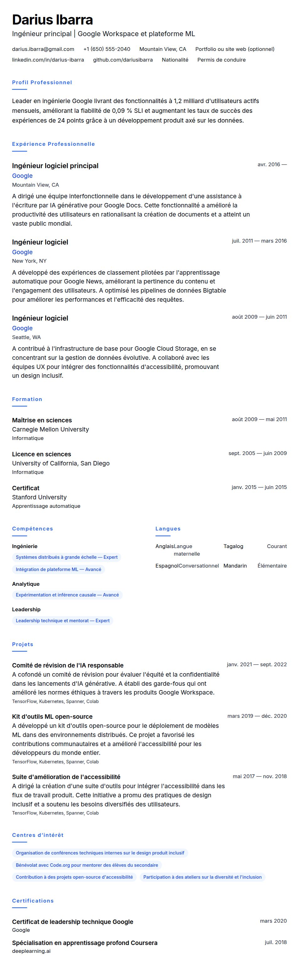 Aperçu du CV Exemple de CV Google