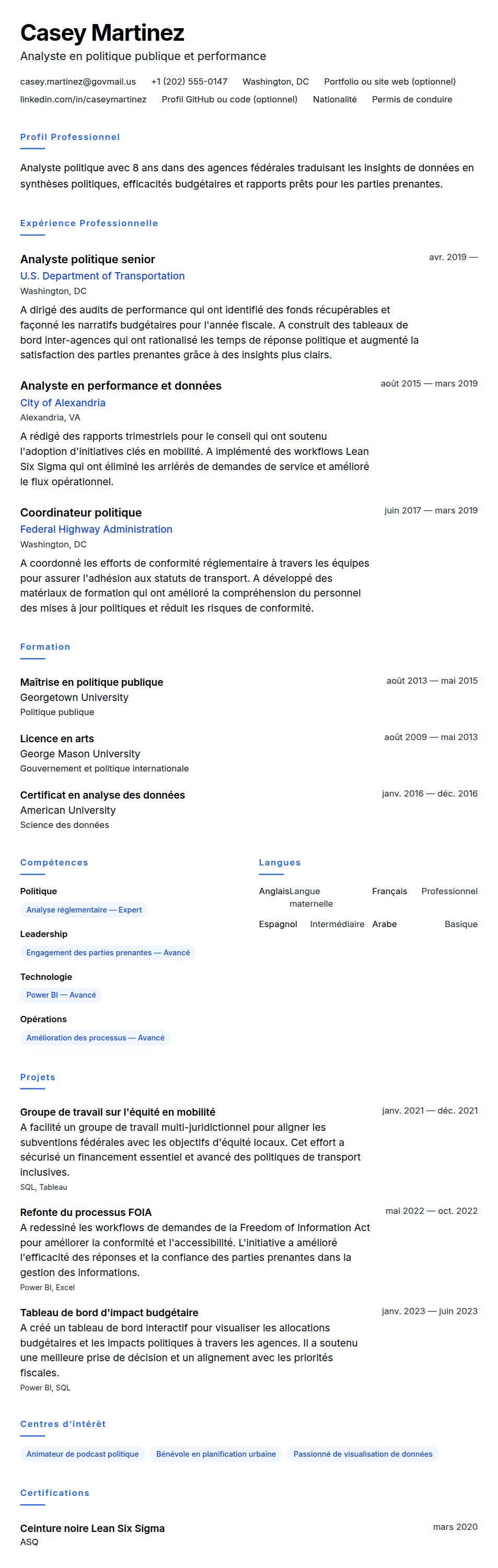 Exemple de CV d'Analyste gouvernemental