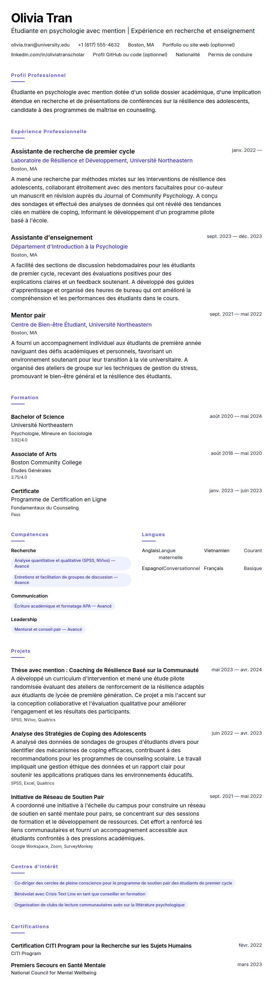 Aperçu du CV Exemple de CV pour Candidat à l'École Supérieure