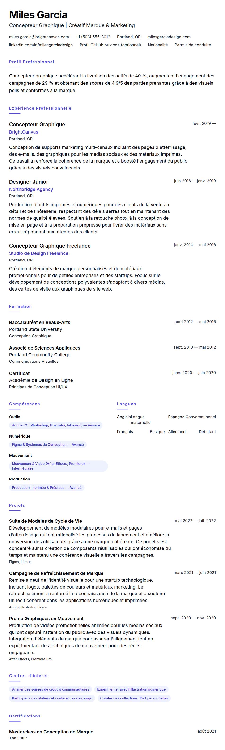 Aperçu du CV Exemple de CV de Concepteur Graphique
