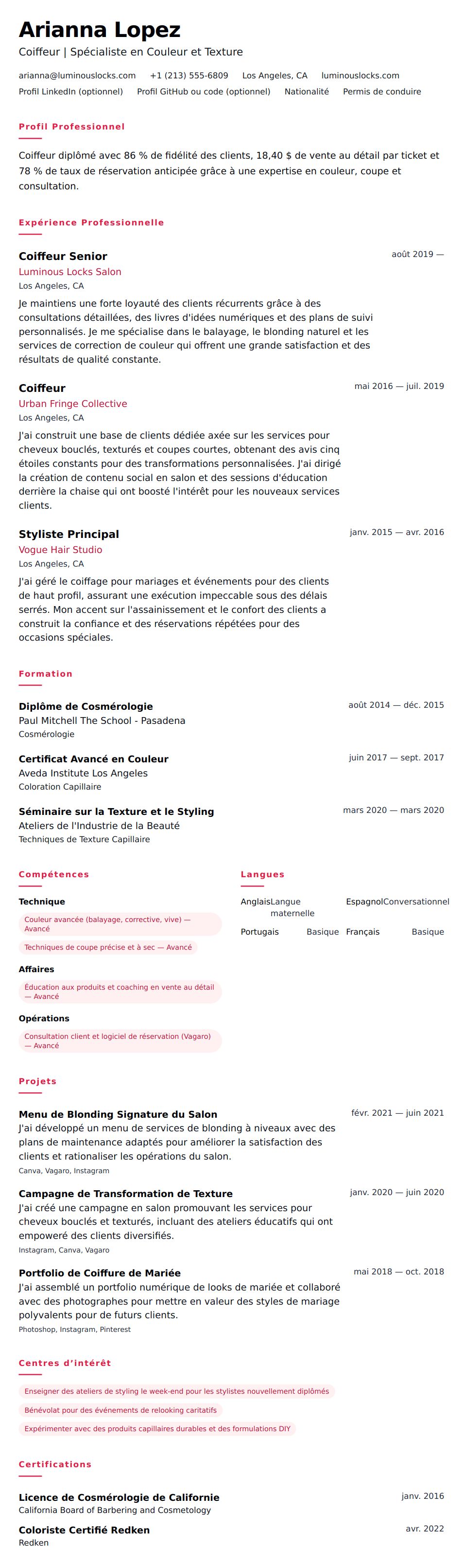 Exemple de CV de Coiffeur