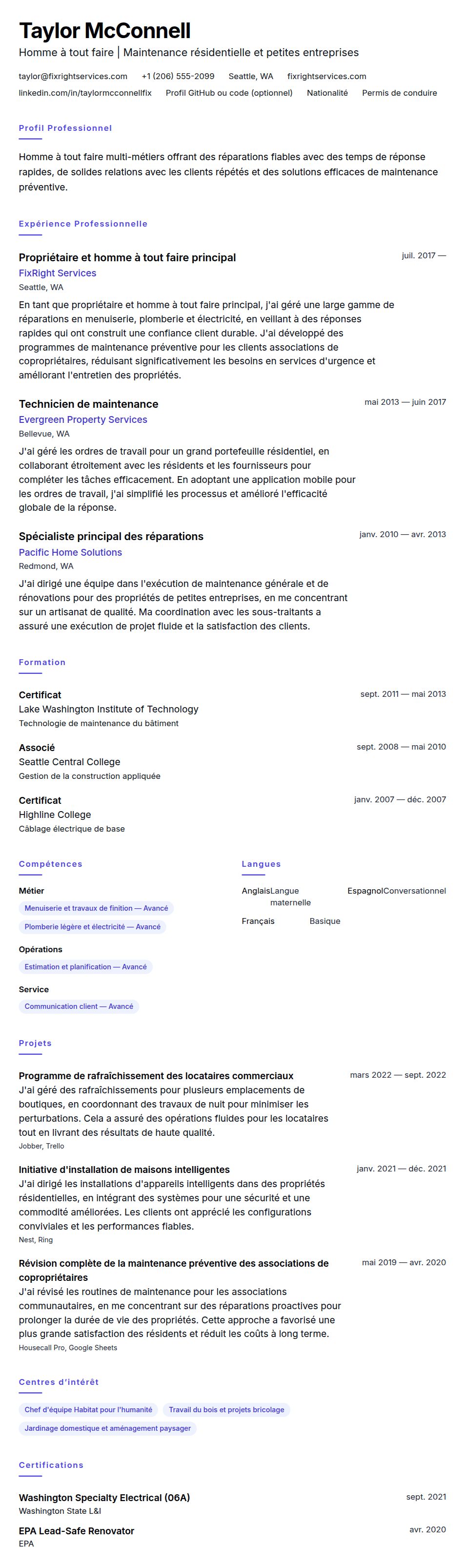 Aperçu du CV Exemple de CV d'Homme à tout faire