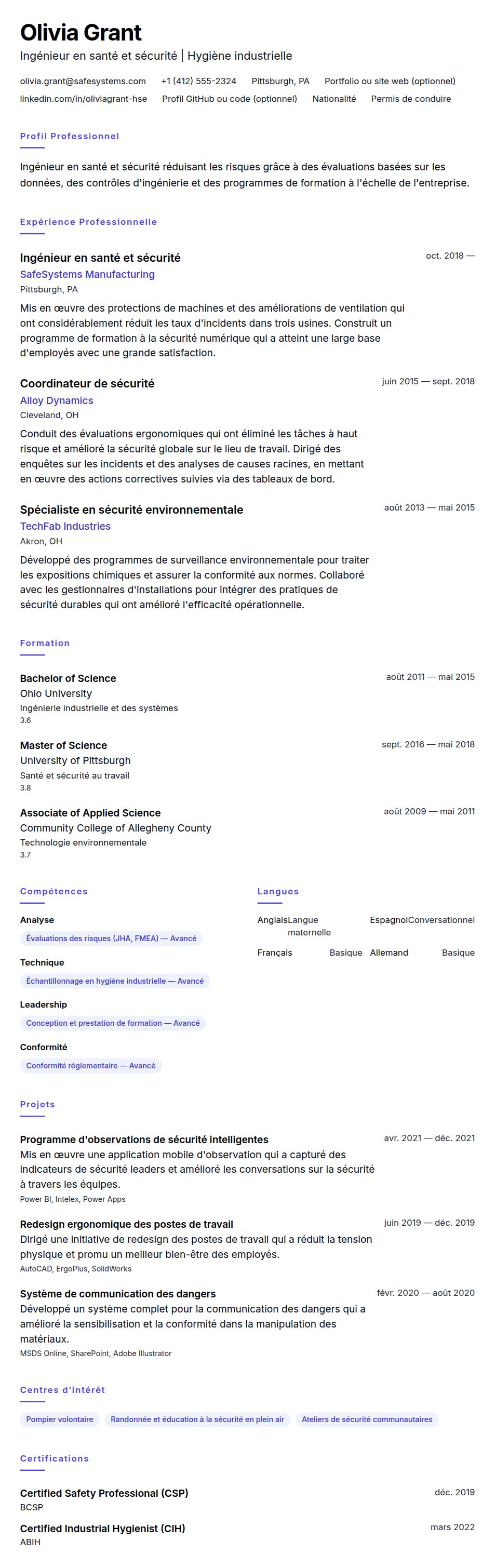 Aperçu du CV Exemple de CV d'ingénieur en santé et sécurité