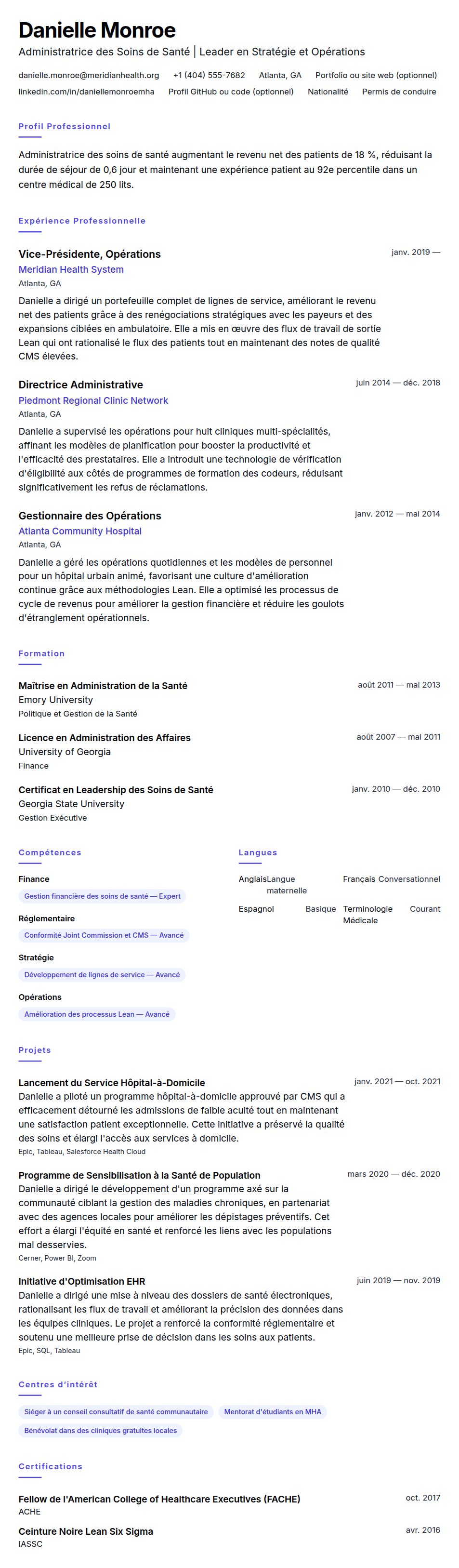 Aperçu du CV Exemple de CV en Administration des Soins de Santé