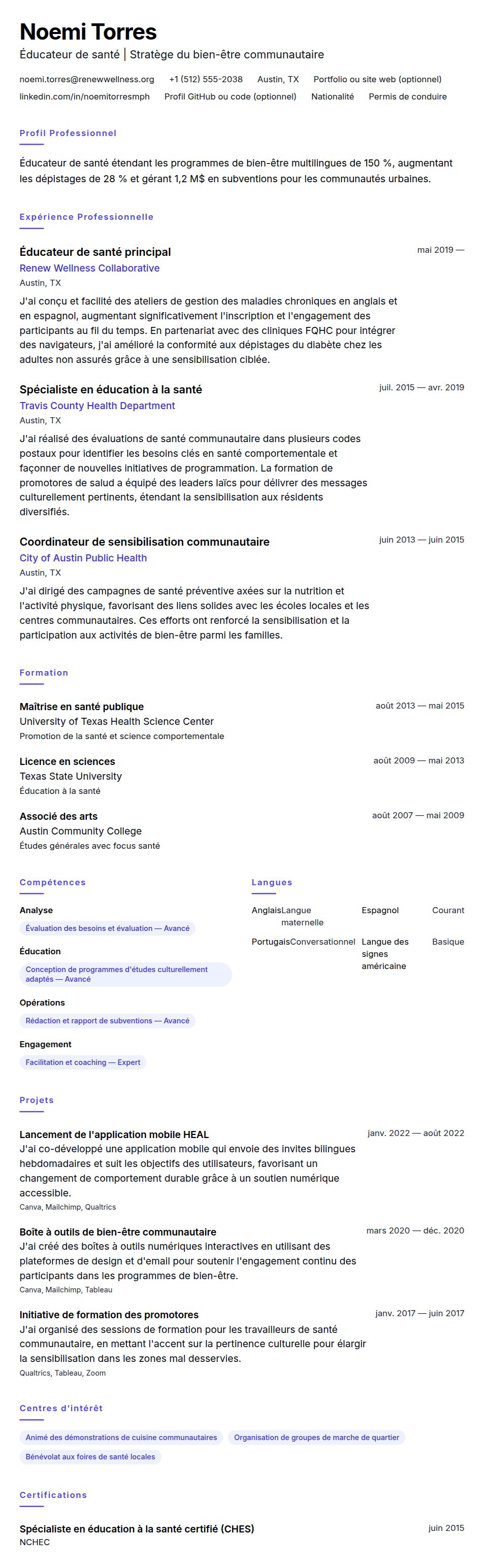 Aperçu du CV Exemple de CV d'Éducateur de santé